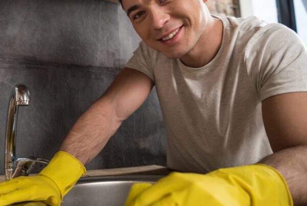 A food handler using a kitchen cleaning checklist to clean