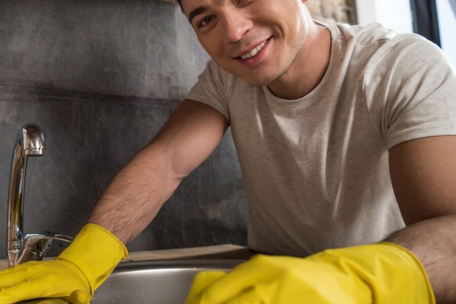 A food handler using a kitchen cleaning checklist to clean