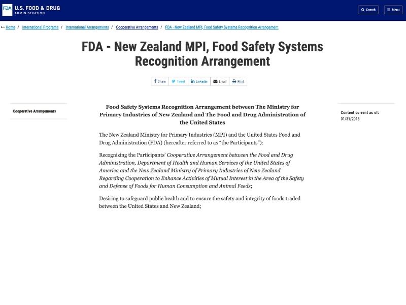 FDA - New Zealand MPI, Food Safety Systems Recognition Arrangement