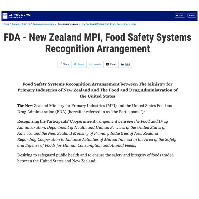 FDA New Zealand MPI, Food Safety Systems Recognition Arrangement